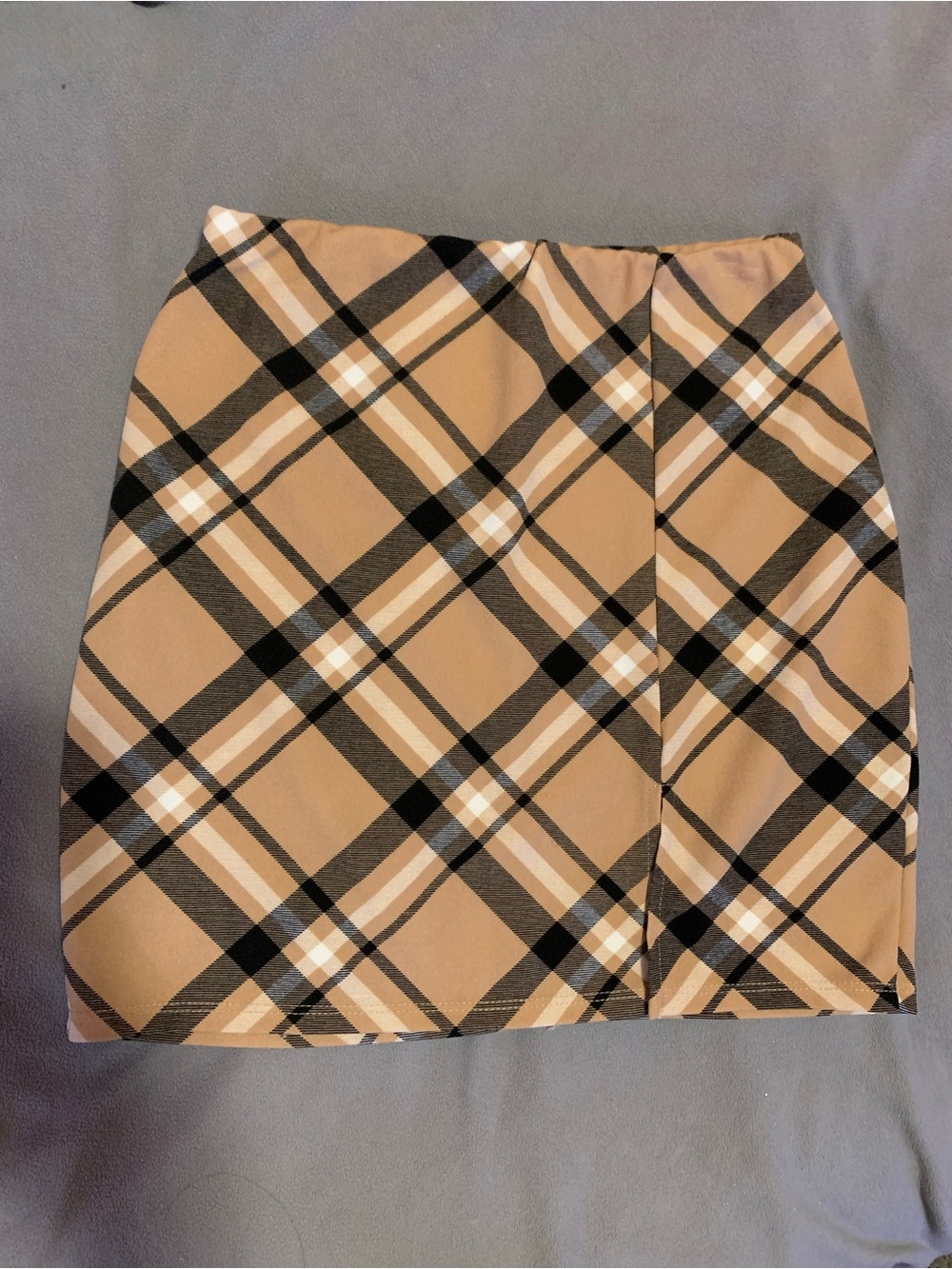 Windsor Tan Plaid Mini Skirt with Black and Cream Stripes